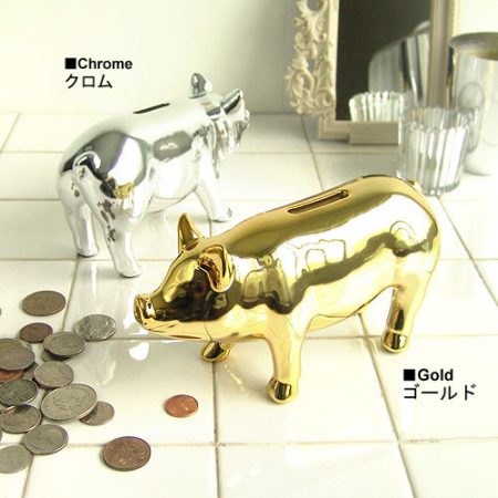 金と銀の豚の貯金箱。Pig Objet Bank